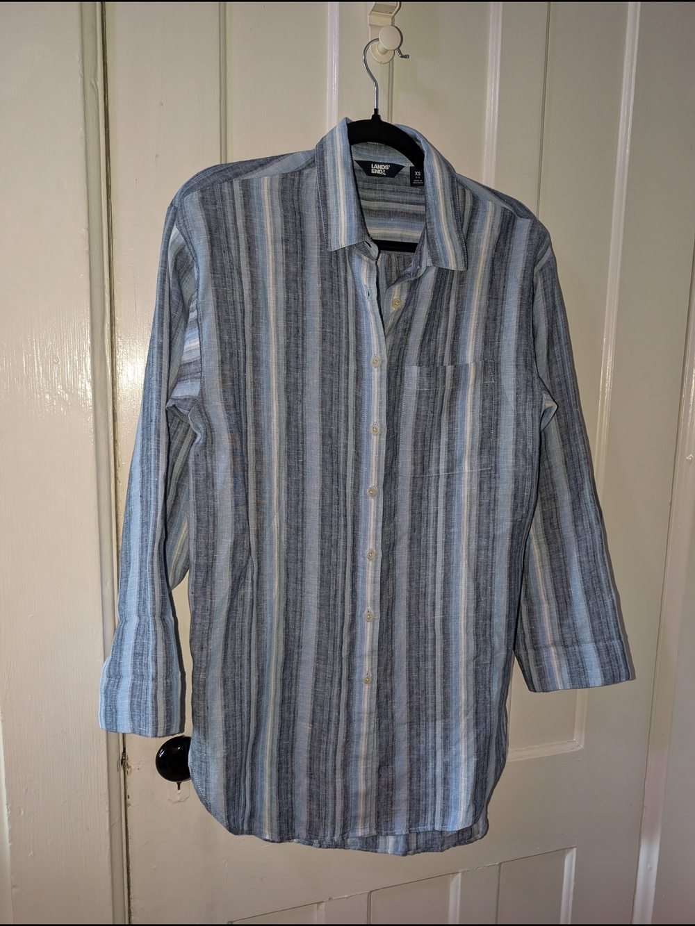 Lands’ End 100% Linen Blue Striped Button Front Shirt XS Lightweight Summer